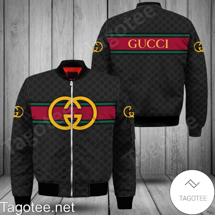 Gucci Black Monogram With Logo On Horizontal Stripes Bomber Jacket