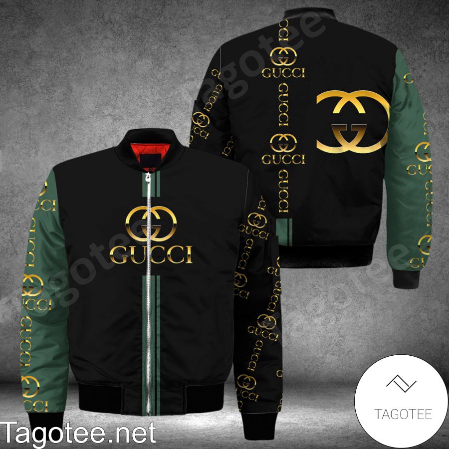 Gucci Brand Name And Logo Print Black And Green Bomber Jacket