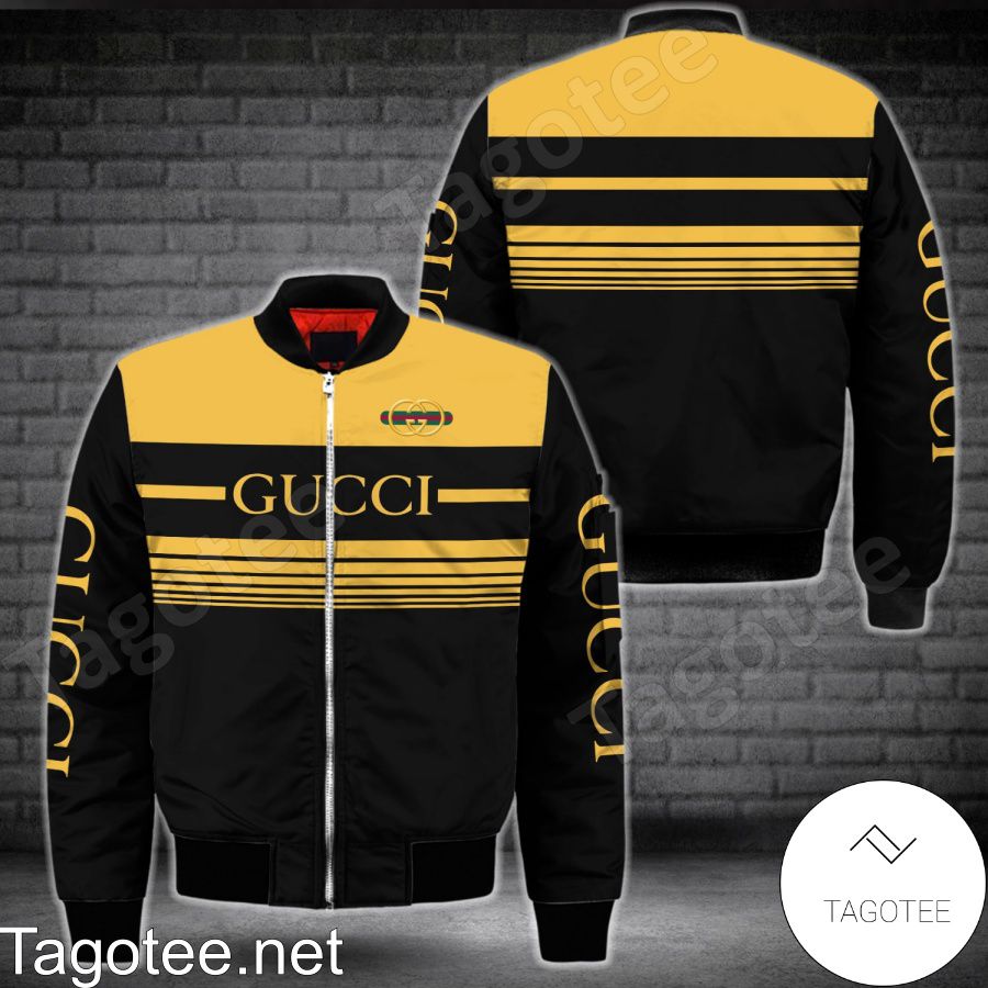 Gucci Luxury Black With Yellow Horizontal Stripes Bomber Jacket