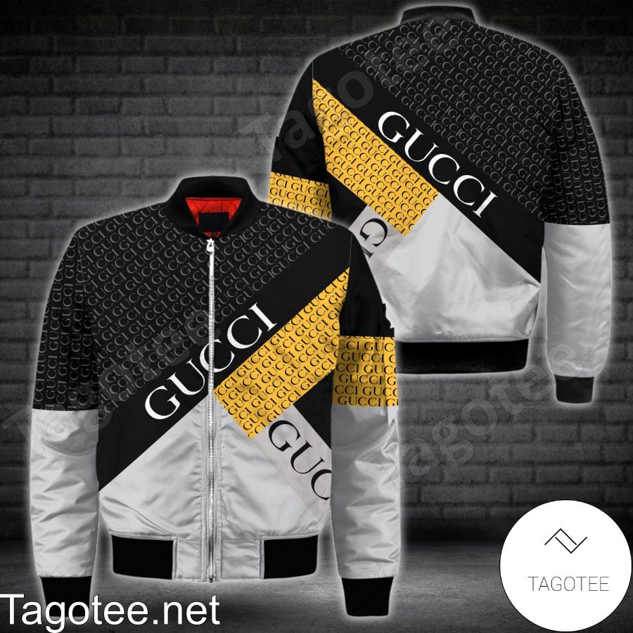 Gucci Luxury Brand Name Print Black And Grey Bomber Jacket