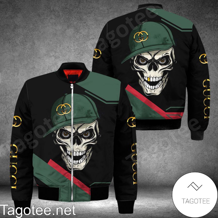 Gucci Skull Wearing Hat Black And Green Bomber Jacket