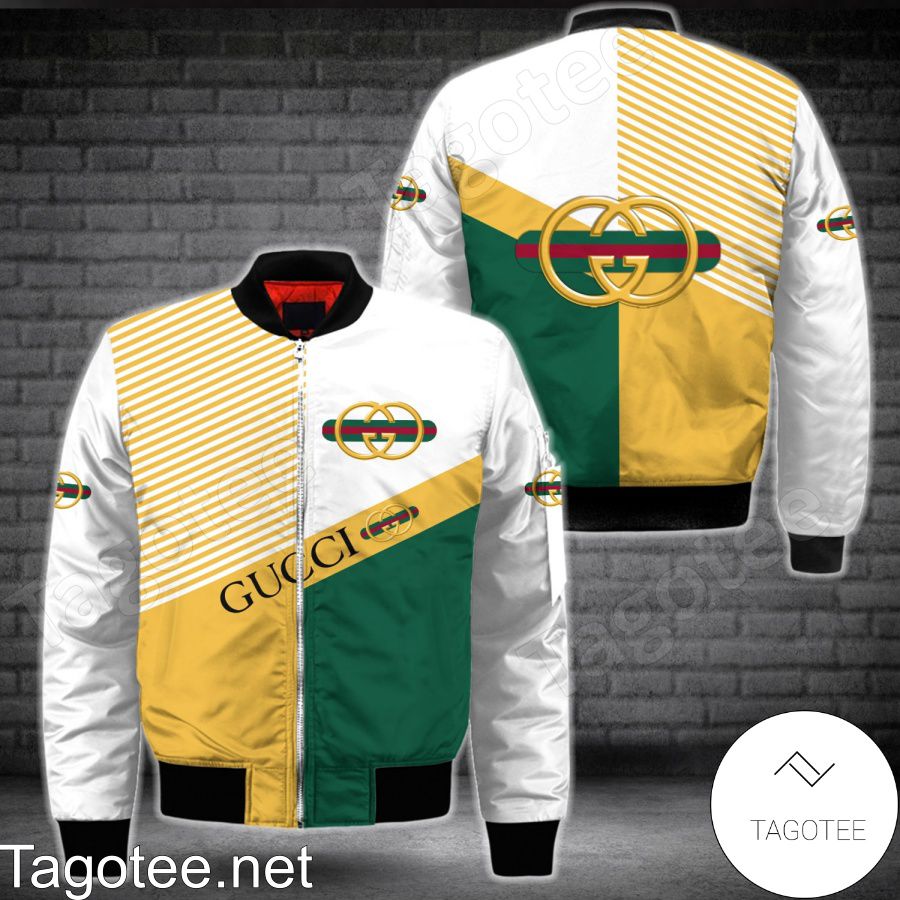 Gucci Stripe Logo White Mix Green And Yellow Bomber Jacket