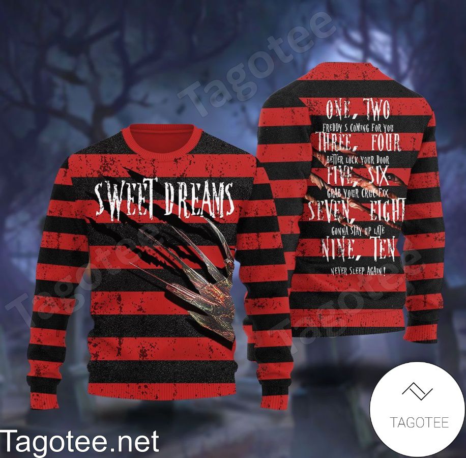A Nightmare On Elm Street Sweet Dreams One Two Freddy Is Coming Ugly Christmas Sweater