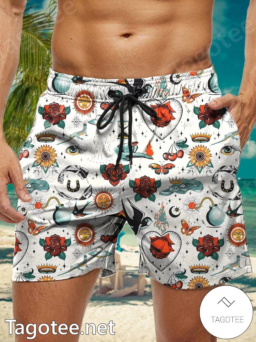 Flash Tattoo Floral Beach Shorts