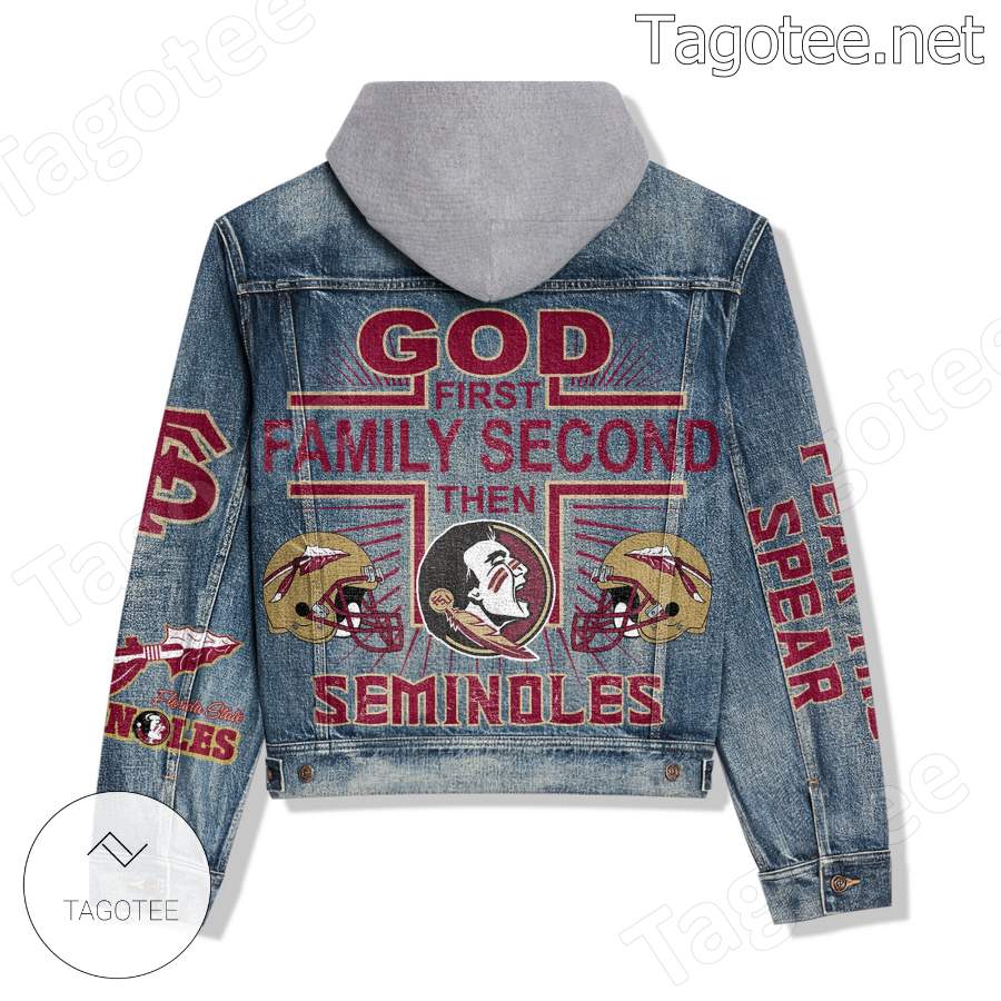 God First Family Second Then Florida State Seminoles Hooded Jean Jacket a