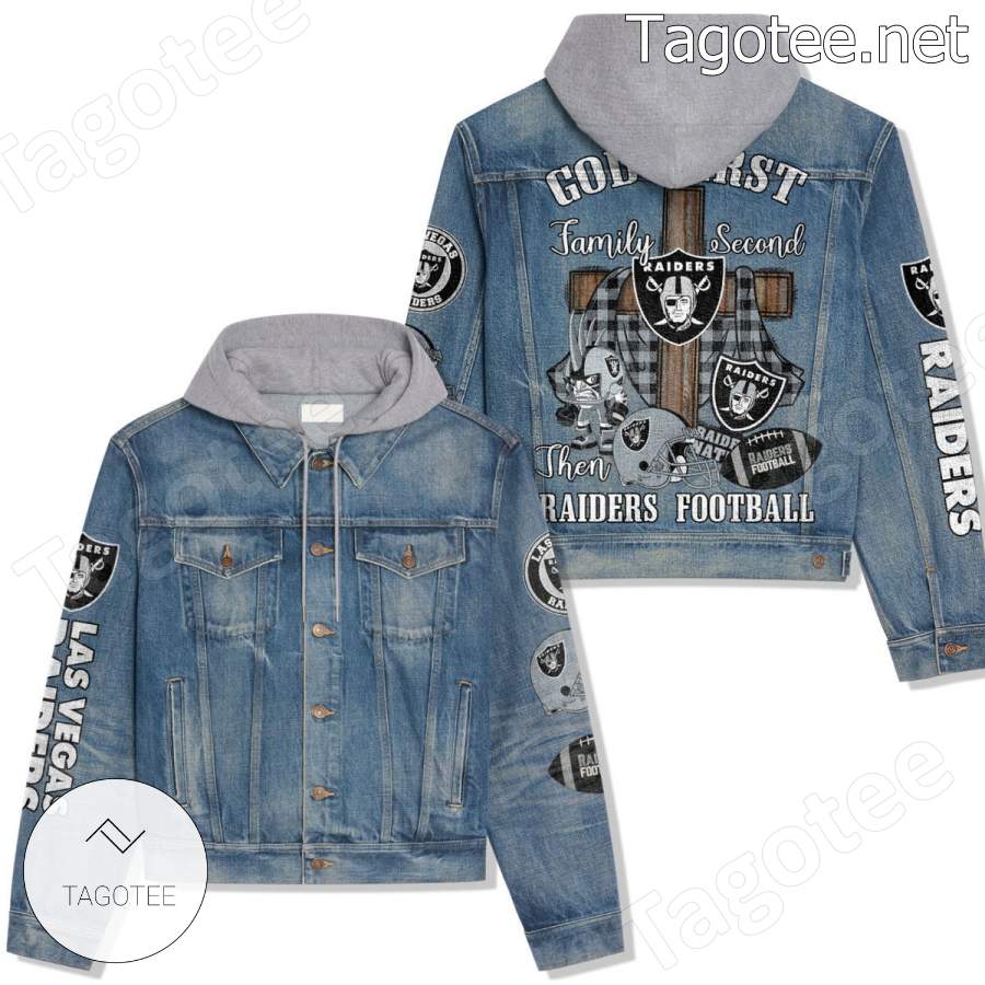 God First Family Second Then Raiders Football Hooded Jean Jacket