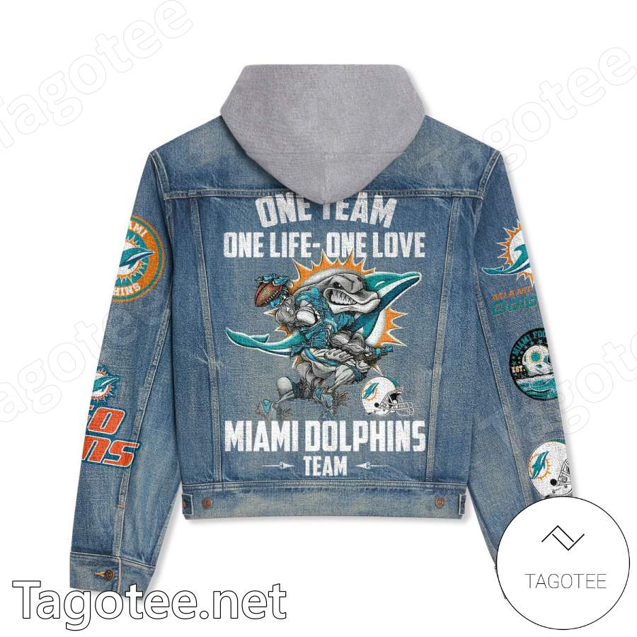 One Team One Life One Love Miami Dolphins Team Hooded Denim Jacket a