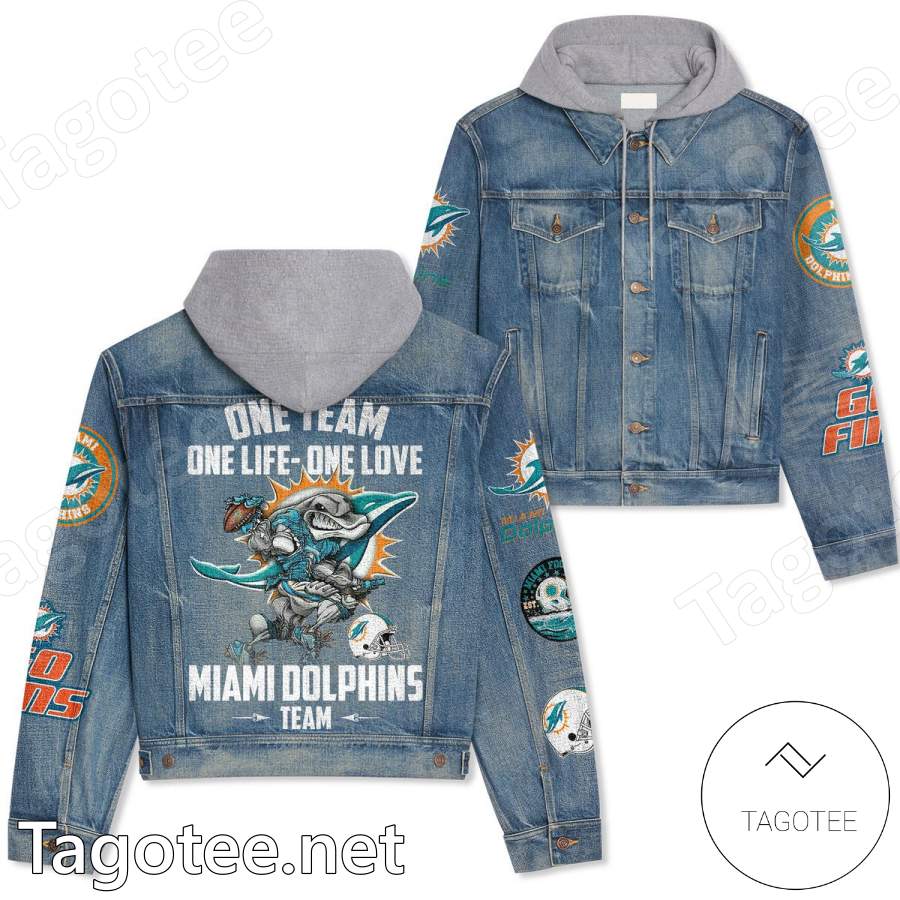 One Team One Life One Love Miami Dolphins Team Hooded Denim Jacket