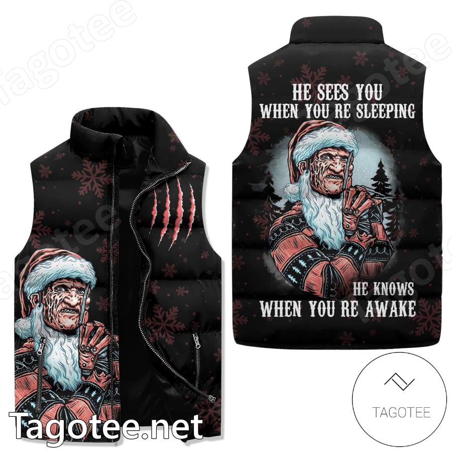 Freddy Krueger Christmas He Sees You When You're Sleeping He Knows When You're Awake Puffer Vest